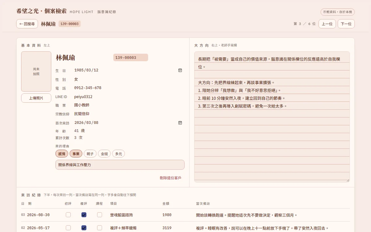 個案頁：左邊基本資料與來的理由，右邊老師的大方向筆記（虛構示範資料）