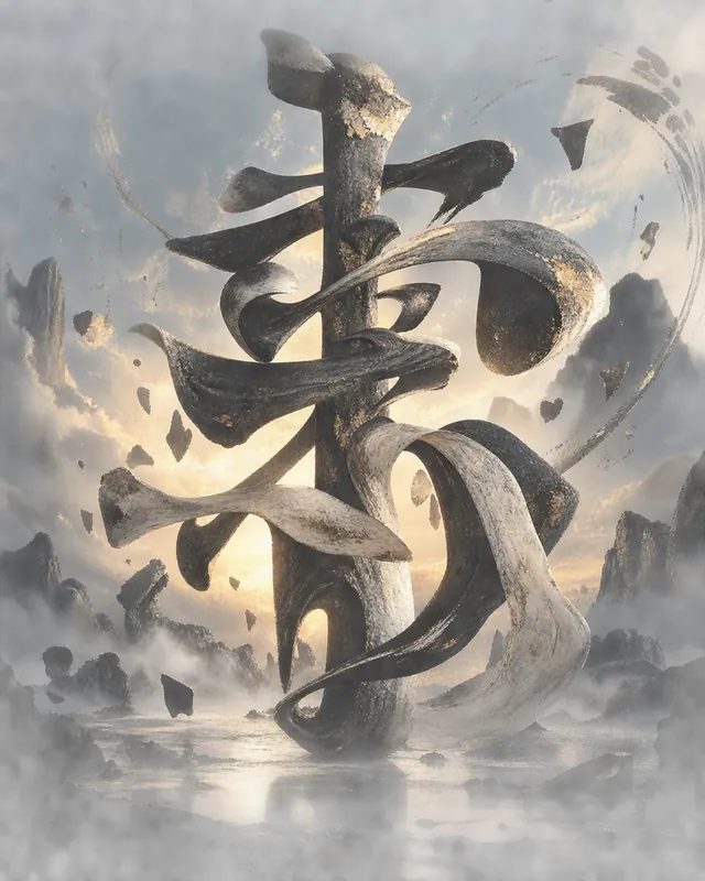 雲霧中矗立的巨大書法雕塑