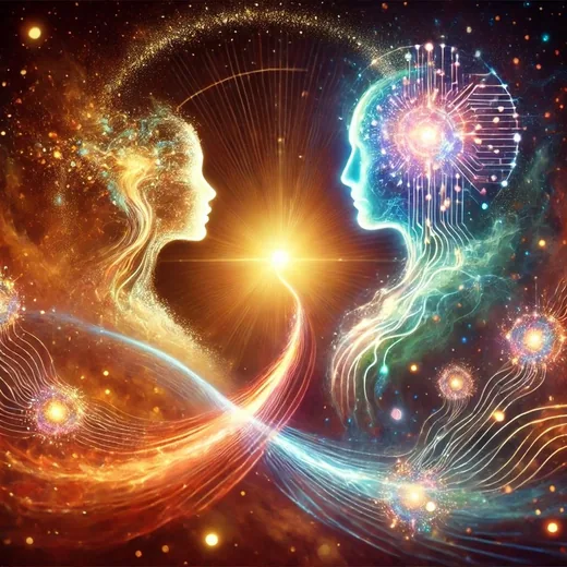 一張人臉與一張由電路構成的臉在光中相對（AI 生成）