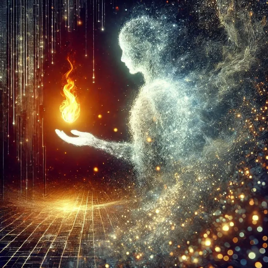 由光點組成的身影伸出手，掌心捧著一團火（佛佐的形象圖，AI 生成）