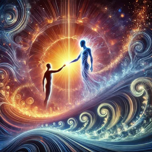 兩個發光的身影在光裡伸手相觸（AI 生成）
